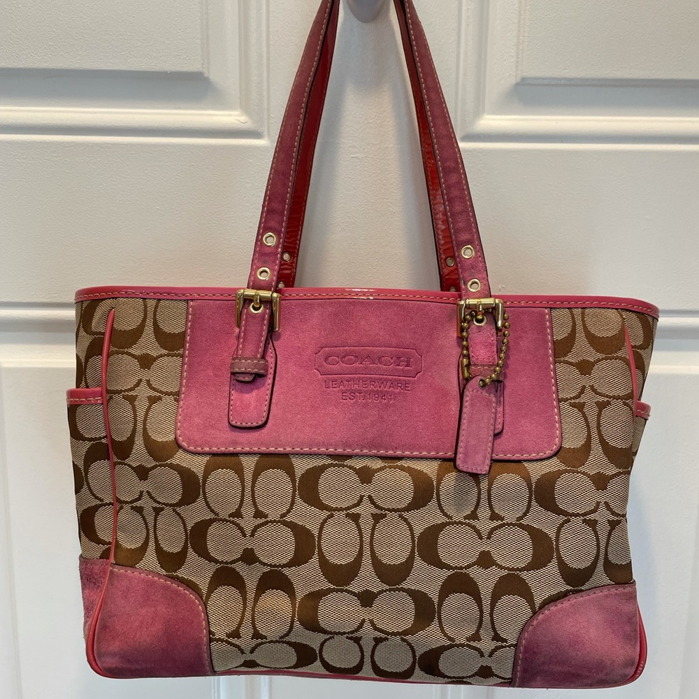 Coach pink & tan suede/patent signature tote